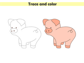 Trace and color the cute pig. Learning to draw and paint. Worksheet for preschoolers. Vector illustration.