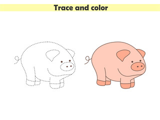 Trace and color the cute pig. Learning to draw and paint. Worksheet for preschoolers. Vector illustration.