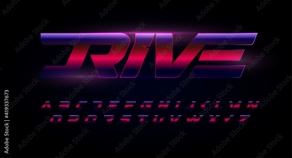 Poster drive alphabet. red and blue letters with glossy gradient effect . speed, action and dynamic font fo
