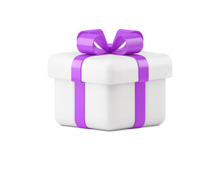 Volumetric white gift box 3d vector icon. Packaging holiday surprise tied with realistic luxurious purple ribbon.
