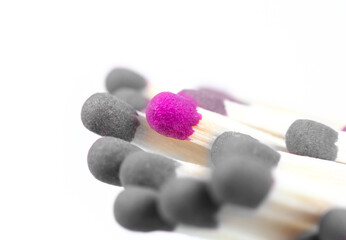 Wooden matches macro photo. Close up background. Individuality complex concept.