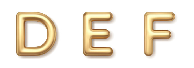 Metal yellow D E F 3d balloons letters vector icons. Gold precious font with shiny highlights and luxurious style.