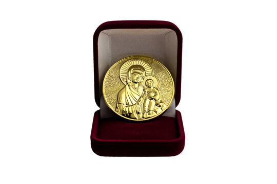 Gold Coin For The Baptism Of A Baby In A Gift Box.