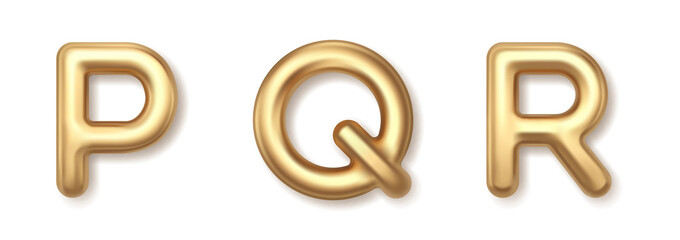 Yellow P Q R 3d balloons font vector icons. Gold precious metallic typography with shiny highlights and luxurious style.