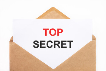 A white sheet with the text top secret lies in an open craft envelope on a white background with copy space. Business concept image