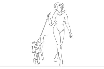 Woman girl walking his dog. Owner with his pet. Dog breeding and dog training. One continuous drawing line  logo single hand drawn art doodle isolated minimal illustration.