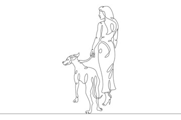 Fototapeta na wymiar Woman girl walking his dog. Owner with his pet. Dog breeding and dog training. One continuous drawing line logo single hand drawn art doodle isolated minimal illustration.