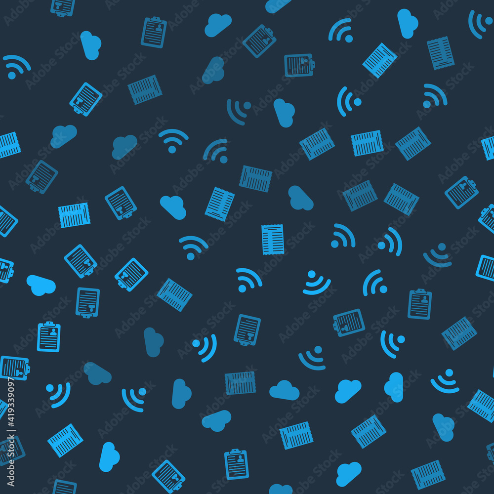 Poster set cloud, wi-fi wireless network, paper financial check and clipboard with resume on seamless patte