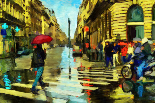 Rainy day, Paris. Modern impressionism, original oil painting on canvas. Traffic lights, umbrellas, pedestrians, water reflections. Impasto paint strokes
