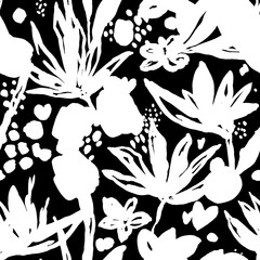 Tropical flowers. Exotic plants, flowers. Seamless pattern. Silhouettes, palm leaves, spots on a black background. Natural, botanical, trendy. Contemporary design for paper, cover, fabric, prints.