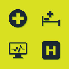Obraz premium Set Medical cross in circle, Hospital, Monitor with cardiogram and bed icon. Vector.