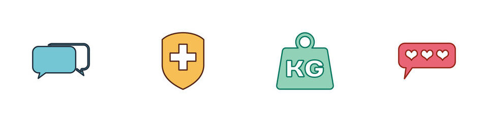 Set Chat, Medical shield with cross, Weight and Like and heart icon. Vector.