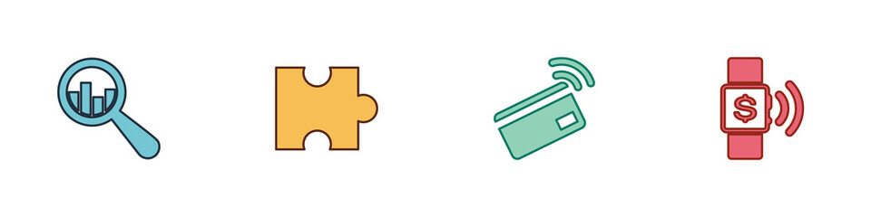Set Magnifying glass and analysis, Piece of puzzle, Contactless payment and icon. Vector.