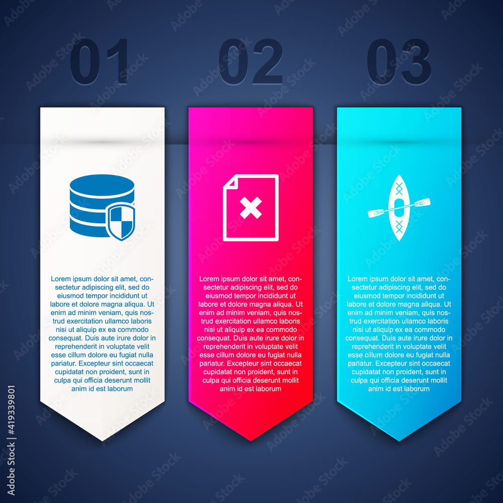 Poster set database protection, delete file document and kayak and paddle. business infographic template. v