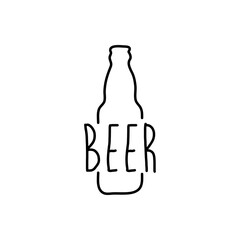 Logotipo con texto manuscrito Beer escrito a mano en silueta de botella con lineas en color negro