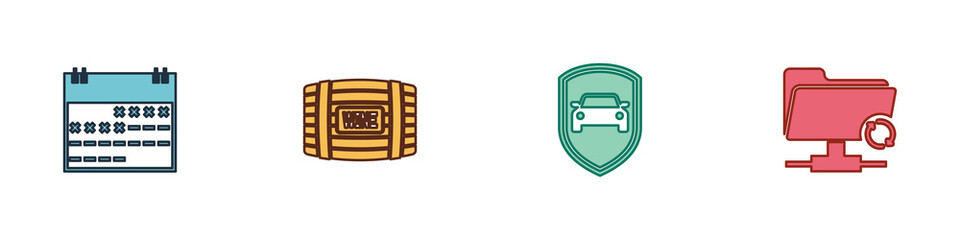 Set Calendar, Wooden barrel for wine, Car protection insurance and FTP sync refresh icon. Vector.