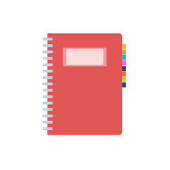 Organizer with pink cover and colorful bookmarks on a white isolated background. Flat illustration. Suitable for poster, web, banner.