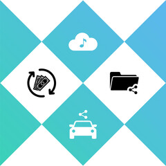 Set Refund money, Car sharing, Music streaming service and Share folder icon. Vector.