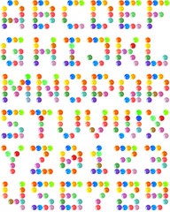 Police d’écriture points boutons couleurs, fond blanc 