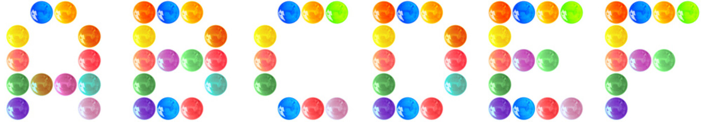 Alphabet, lettres à,b,c,d,e,f, boutons couleurs sur fond blanc 