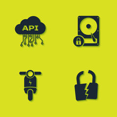 Set Cloud api interface, Broken or cracked lock, Electric scooter and Hard disk drive and icon. Vector.