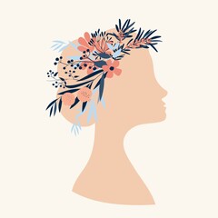 Female face profile, flowers and leafs, style of minimalism , hand drawn. Poster, room interior decor, design for textiles, postcard, concept, clipart, vector