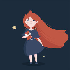 Cute girl dreaming and thinking about world. Girl want to save planet. Flat vector illustration
