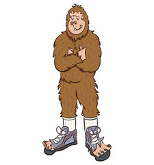Cartoon comic style mascot of bigfoot in torn sneakers. Yeti, ape in broken shoe, boot. Vector clip art illustration isolated on white.