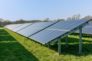 large array of solar panels on a solar farm in West Sussex England clean renewable energy