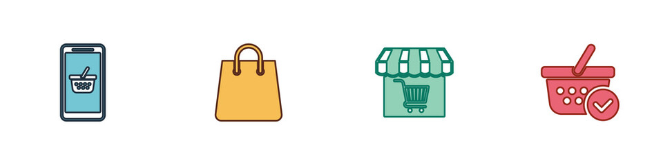Set Mobile and shopping basket, Handbag, Market store with cart and Shopping check mark icon. Vector.