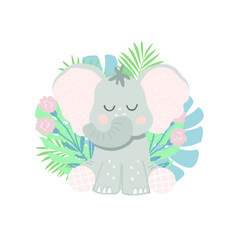 Little elephant sits among jungle plants. Flat design, vector illustration