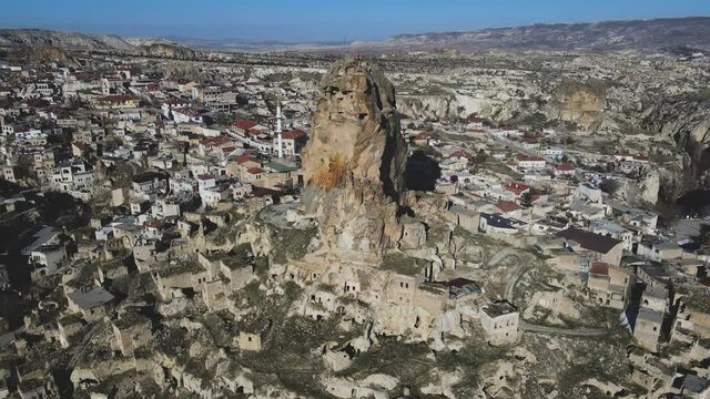 Ortahisar, a small town in urgup district of Nevsehir Province, Cappadocia, Turkey. High quality FullHD footage