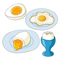 Set of egg pteparation method. Cartoon style vector illustration.