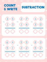 Math worksheet practice print page. Double digit subtraction. Column method. Count and write.