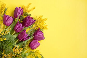 Purple tulips and mimosa branches on a yellow background, top view. Flat lay. Copy space