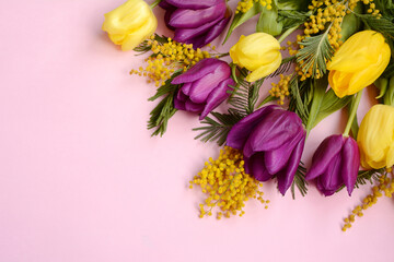 Yellow and purple tulips and mimosa branches on a gentle pink background, top view. 8 March, mother's day. Layout, copy space