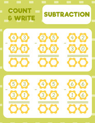 Math worksheet practice print page. Double digit subtraction. Column method. Count and write.