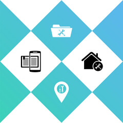 Set Smartphone and book, Location service, Folder and House icon. Vector.