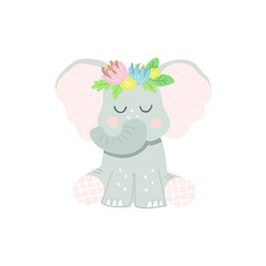 Cute sitting baby elephant with a wreath of flowers on his head. Vector illustration in cartoon style