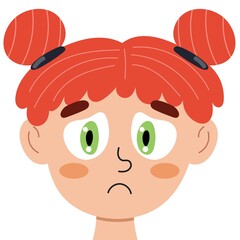 Disappointed girl face. Little sad kid clipart. Depression emotion. Emotional expression head close-up. Feeling concept vector illustration