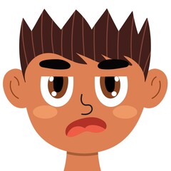 Jealous boy face. Little angry kid clipart. Envy emotion. Rage emotional expression head close-up. Feeling concept vector illustration