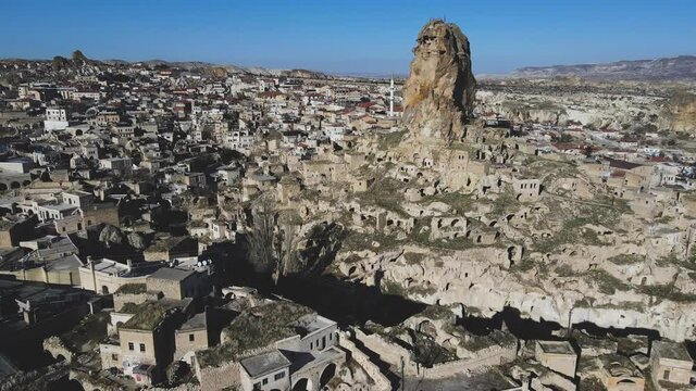 Ortahisar, a small town in urgup district of Nevsehir Province, Cappadocia, Turkey. High quality FullHD footage