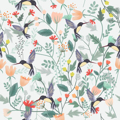 Humming bird in wild flower forest seamless pattern. © nalinee