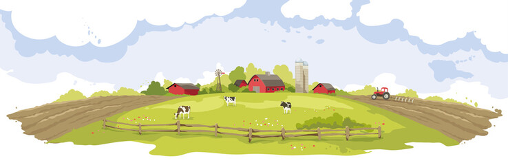 Abstract landscape -- american farm / Vector illustration, rural view -- fields and meadows, springtime.	