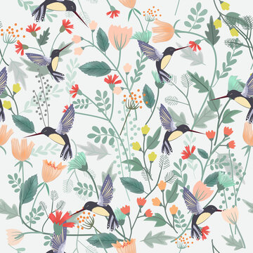 Humming bird in wild flower forest seamless pattern.