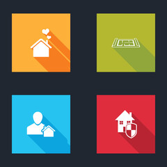 Set House with heart shape, plan, Realtor and under protection icon. Vector.