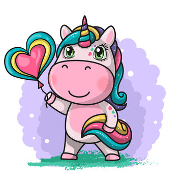 Cute magical unicorn with heart balloon. Vector design on white background. Print for t-shirt. hand drawing illustration for children.