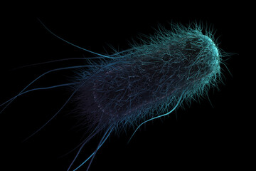 A flagellated microbe or bacteria, 3d rendering medical illustration. E coli or other bacterial microorganism