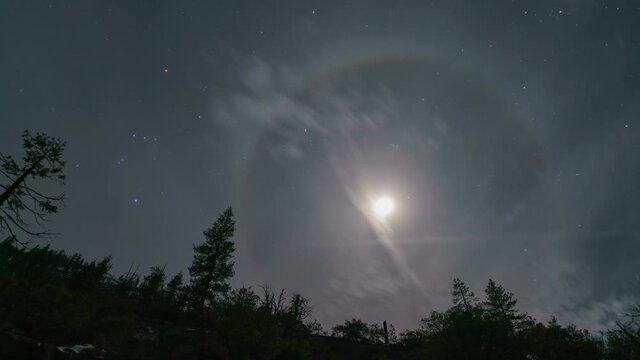 Time lapse of lunar halo, rainbow around the moon in Yosemite National Park, California