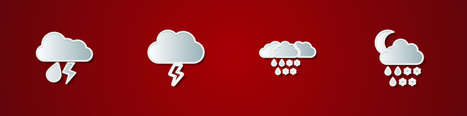 Set Cloud with rain and lightning, Storm, snow and snow, rain, moon icon. Vector.